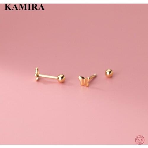 KAMIRA 925 Sterling Silver Minimalism Small Butterfly Spiral Bead Stud Earrings for Women Birthday Romantic Piercing Jewelry 피어싱