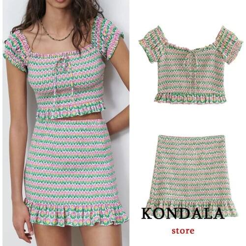 KONDALA Za Women Suits Streetwear Striped Print Elastic Cropped Tops Mujer and Sheath Mini Ruffles Skirt Female Summer Women Set