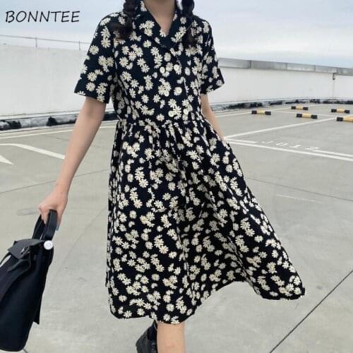 Short Sleeve Dress Women Summer 2021 New Ladies All-match Artistic Button Clothing Daily Charm Chic College A-Line Simple Print