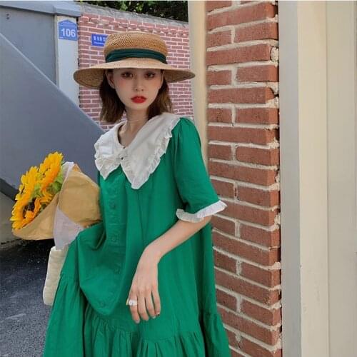 2021 New Women Summer Sweet Long Shirt Dress Patchwork Folds Loose Waisted Loose Pullover Sundress