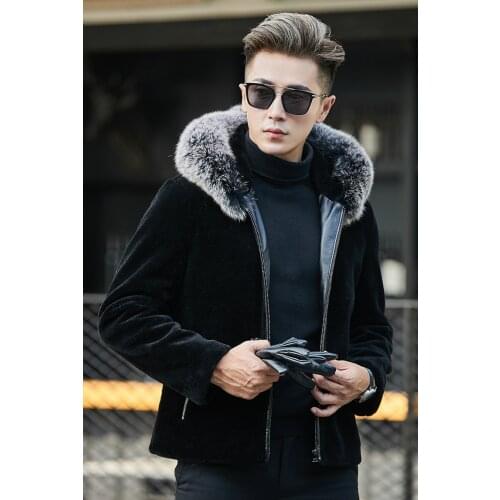 Winter Black Faux Fur Coat Men Plush Thick Furry Coat Male Fox Fur Collar Zip Up Hooded Jacket Oversize Male Warm Outerwear 4xl