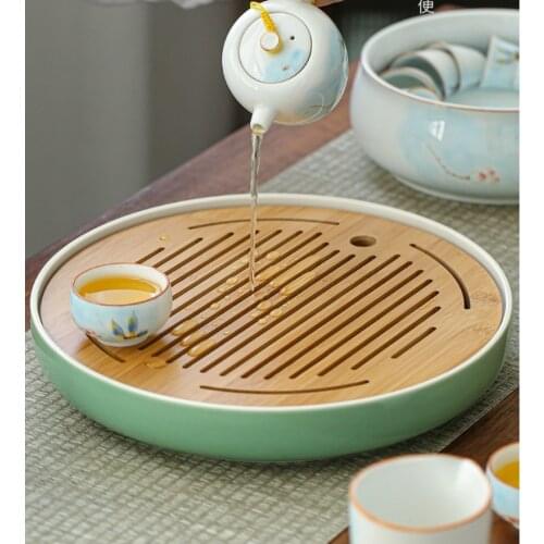 20-31cm Round Ceramic Tea Tray Natural Bamboo Plate Celadon Tea Set Traditional Bamboo Pu'er Tea Tray Tea Table