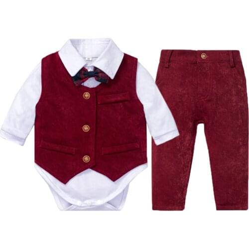 Boys Clothes Newborn Baby Wedding Suit White Romper + Red Vest + Pants 4 Pieces Kids Little Gentleman Infant Spring Suits KB8040