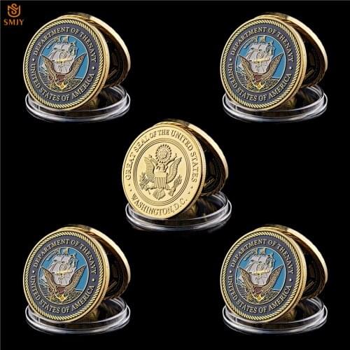 5Pcs/Lot USA Navy Great Seal US Department Of The Navy Gold Plated Military Challenge Token Medallion Value Coin
