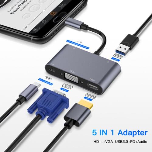 Type C Adapter Hunderbolt 3 USB Type C Hub To HDMI VGA 3.5mm Jack USB Adapter with Type-C Power for MacBook Pro Laptop Phone