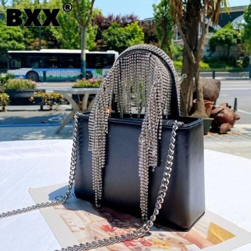 [BXX] Genuine Leather Diamonds Tassel Bags For Women 2021 Fashion Travel Handbag Solid Color Summer Crossbody Shoulder Bag HM267