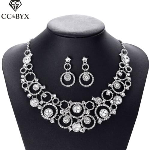 CC Stud Earring and Necklace Jewelry Sets Wedding Accessories For Bridal Shine Rhinestone Cubic Zircon Party Elegant Style D013