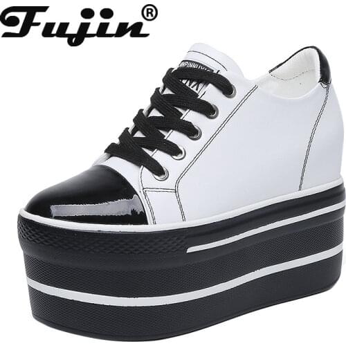 Fujin 10cm 2021 Genuine Leather Thick Soler Super High Hidden Heel Platform wedge chunky shoes sneakers lace up vulcanized shoes