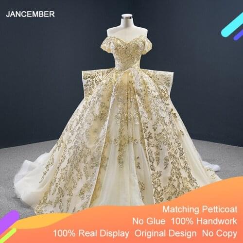 J67159 Jancember New Gold Off The Shoulder Evening Dress 2021 Sleeveless Sequined Ruffle Lace Up Back Elegant