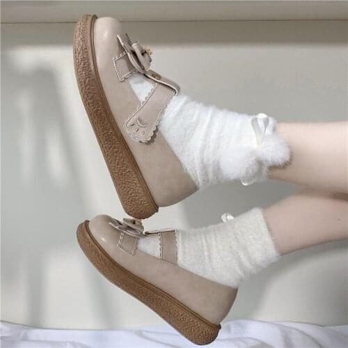 Kawaii Lolita Shoes Japanese Round Head Student Big Bow Womens Shoe Bear Cute Cosplay Anime Jk Uniform Footwear Gothic Harajuku