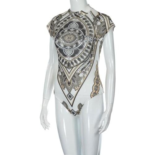 Playsuit Women Sexy Short jumpsuit Summer Print Voile Perspective Bodysuit Leotard Club Wear Polyester O-neck Jumpsuits 10Feb 20