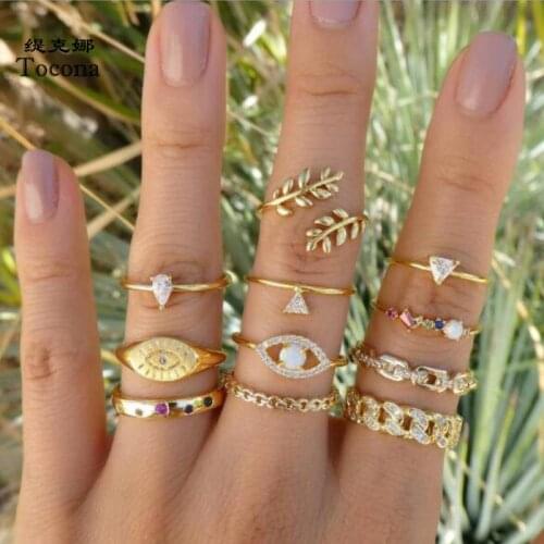Tocona 11pcs/sets Eye Rings Sets Triangle Hollow Geometric Color Crystal Stone Gold Color Jewelry Women Men Wedding Party B05304