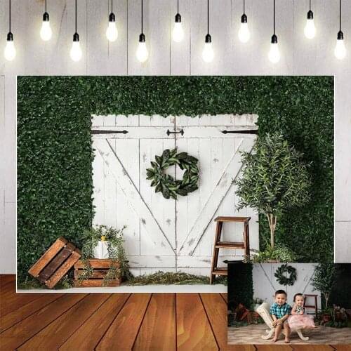 Mehofond Green Leaves Photography Background Spring White Wooden Door Newborn Baby Shower Birthday Party Photo Backdrop Studio