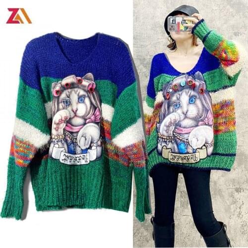 ZALady fashion korean chic Cartoon cat loose sweaters autumn winters oversized knitt pullover traf women tops pull femme clothes