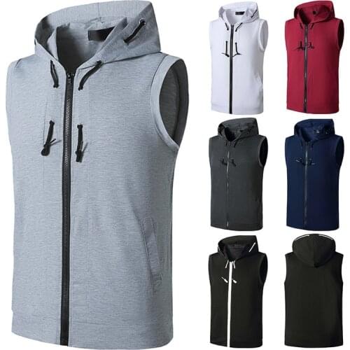 Mens Hooded T-Shirt Sleeveless Muscle Tailoring Fitness Cardigan Hoodies for Youth Solid Color Fitness Hooded Vest