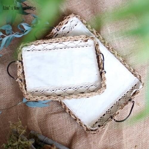 Set 2 metal handles rectangle hand woven hemp tray with cotton lining