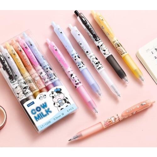 6pcs Cow Milk Pen Set Cute Cartoon Design 0.5mm Ballpoint Black Color Gel Ink Pens for Writing Office School Supplies A6120