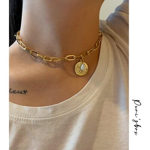 PerisBox Spider Thick Chain Round Coin Necklaces Choker Star Natural Freshwater Pearl Necklaces for Women Hip-Hop Necklace 2020