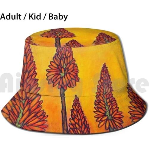 South African Fireball Bucket Hat Adult kid baby Beach Sun Hats Flower Floral Lisa Lorenz Colourful Aloe Red Scarlet Orange