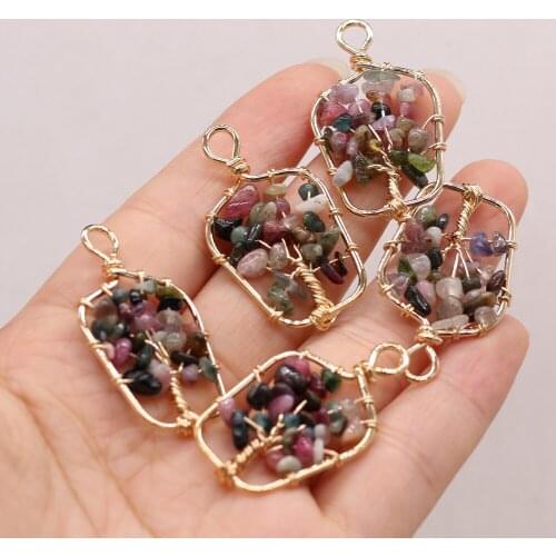 Natural Stone Gem Winding Gold Line Indian Agate Tree Pendant DIY Retro Charm Necklace Earring Jewelry Accessories Gift Making