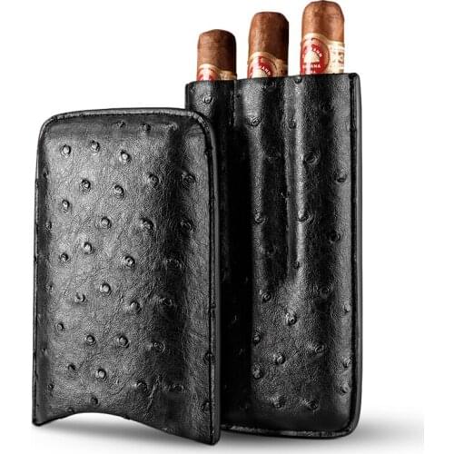 Handmade Poartable Black Leather Ostrich SkinTravel Case Mini Cigar Humidor Moisturizing Cigar Holder