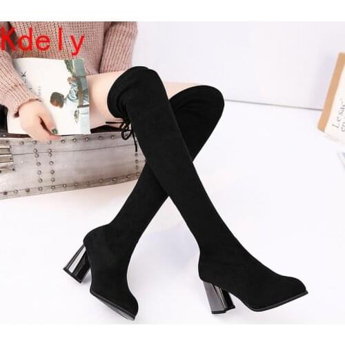 Women Black Stretch Cloth Over-the-knee Boots Metal Square Heel Heels Shoes Sexy Ladies Motorcycle Booties Winter Boots Women