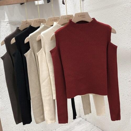 O Neck Knitted Sweaters Female Slim Shoulder Strapless Pullovers Women Tops Long Sleeves Ladies Streetwear Fashion Autumn 2021