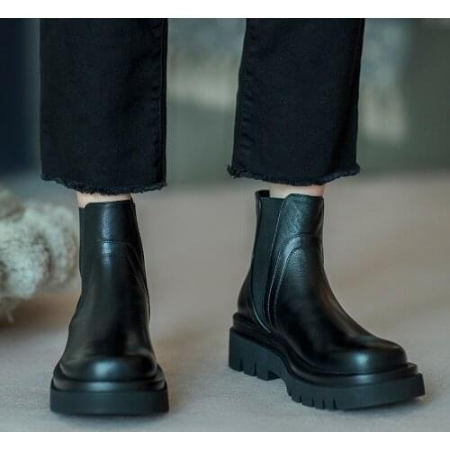 Mordoan Genuine cow leather platform mid heel 2020 autumn new black ankle boots female Chelsea boots ankle boots
