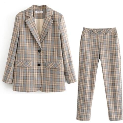 Womens business suit plaid pant suits female Office ladies Single breasted Female Jacket Coat Autumn two-piece blazer suit set
