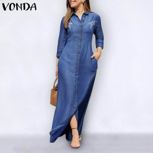 Autumn Maxi Sundress 2021 VONDA Casual Button Up Turn-down Collar Dresses Elegant Long Sundress Oversized Bohemian Vestidos