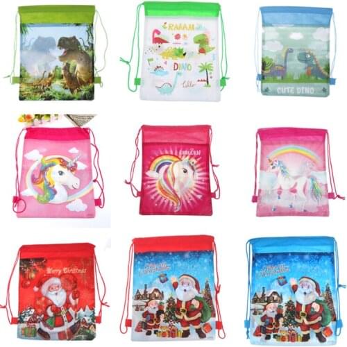 1pc Drawstring Bag Christmas/Dinosaur/Unicorn Drawstring Bags Kids Cartoon Bags Candy Storage Party Packing