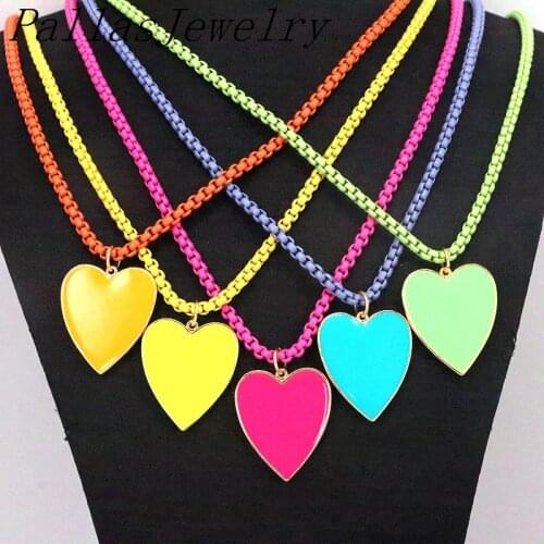 5Pcs Fashion HOT Rainbow Color Heart-shaped Pendant Necklace Elegant Womens Wedding Enamel Box Chain Jewelry Gift