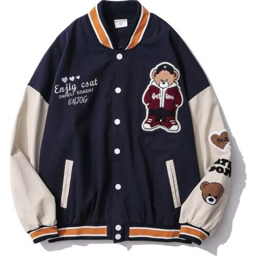 2021 Couples Varsity Baseball Jacket With Bear Embroidery Fashion Hi Street Oversized Hip Hop Letterman Coat Unisex Outerwear