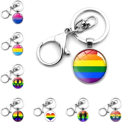 Gay Lesbian Pride Couple Keychain Glass Dome Pendant Metal Lobster Buckle Crystal Keychain LGBT Jewelry Keyring Key Holder