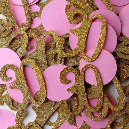 30th Birthday Decor. Number and Circle Confetti in Glitter Gold and Coral