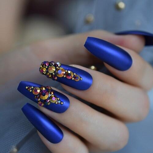Long Matte Royalblue Attractive Nail Art Tips 3D Diamond Unique Full Fingernails Customize Luxury Press On Nails 24PCS