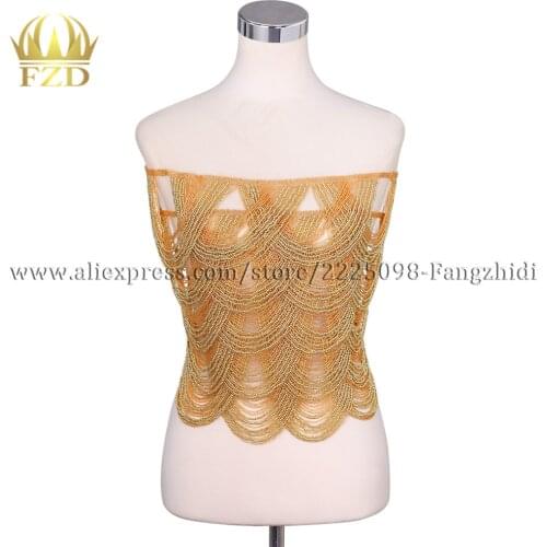 FZD Sewing On Gold Beaded Tassel and Crystals Fring Applique for Clothing Wedding Dresses Patch Fabric