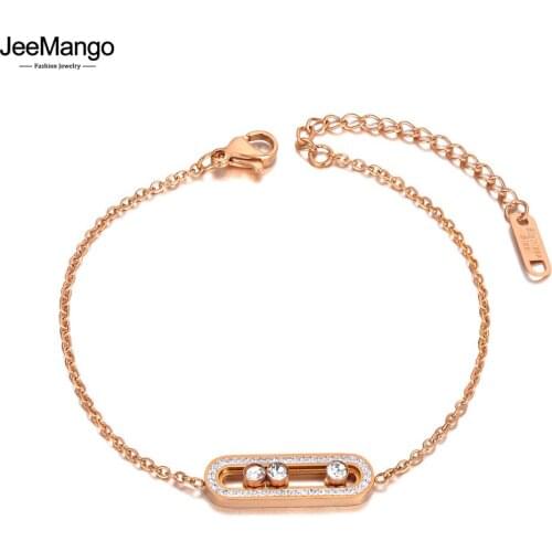 JeeMango Rose Gold Stainless Steel CZ Crystal Charm Bracelet Necklace For Women Fashion Slidable Rhinestone Jewelry JB21002