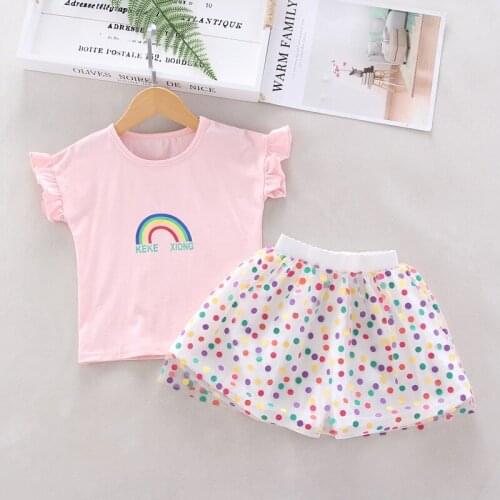 2-6 Years Children Girls Clothes Set Rainbow Print T-Shirt + Polka Dot Skirts Summer Cotton Cute Pink Outfit