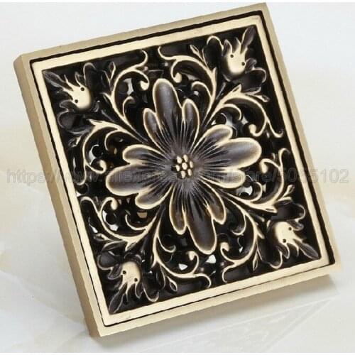 Shower Drains 10*10cm Square Bath Drains Strainer Hair Antique Brass Art Carved Bathroom Floor Drain Waste Grate Drain zhr015
