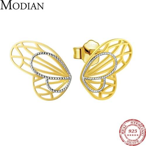 Modian Fashion 100% 925 Sterling Silver 18K Gold Plated Line Lovely Butterfly Stud Earrings For Women Charm Silver Fine Jewelry