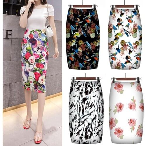 Fashion Women Elastic High Waist Pencil Skirts Midi Skirt Women Printed Floral Print Midi Skirt