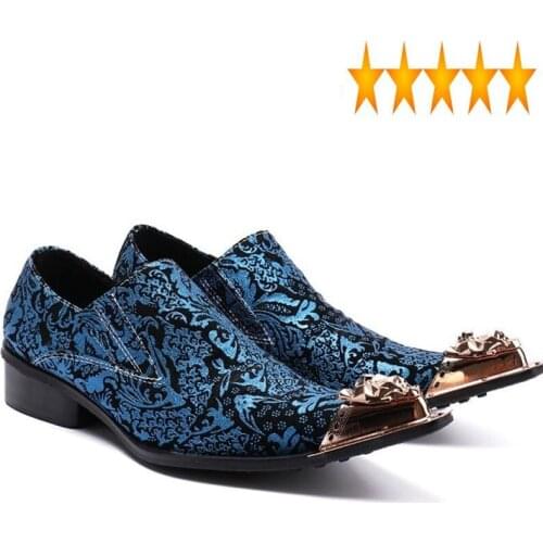Floral Printed Blue Wedding Italian Dress Shoes Men Genuine Leather Male Banquet Office Party Metal Pointed Toe Slip On Loafers