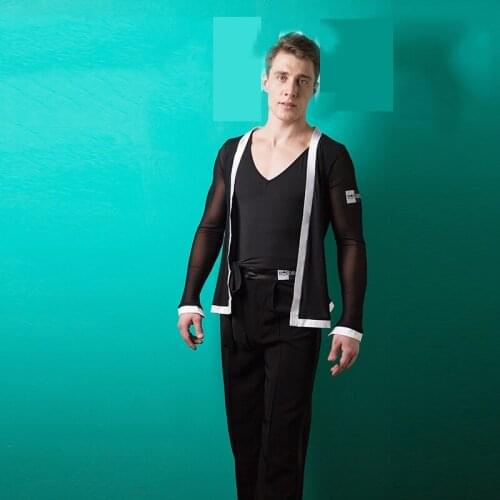 Men Latin Dance Shirt Black V Collar With Coat 2pcs Male Dance Costumes Modern Rumba Chacha Latin Ballroom Dance Wear BL1351