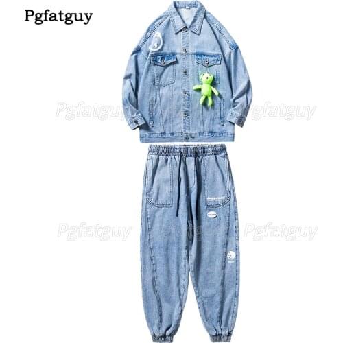 Hip Hop Style 2pcs Mens Set New Couple Light Blue Printed Denim Jacket + Loose Jeans Autumn and Winter Plus Size 5XL Streetwear