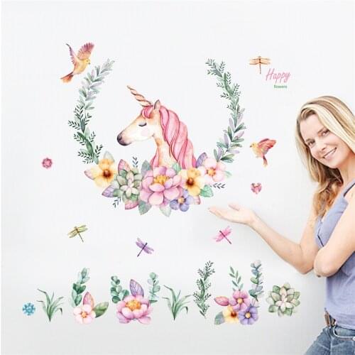 Unicorn Flower Wall Stickers Kids Bedroom Nursery Decor PVC Wallpaper Room Decoration Children Home Decor Mural Adhesive Decals