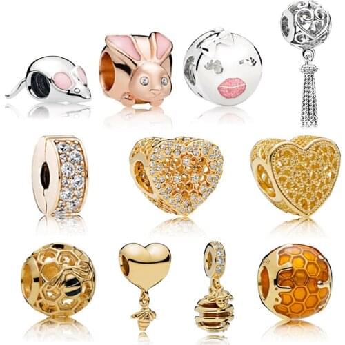NEW NEW 100% 925 Sterling Silver Charms Bead Rose Gold Mouse 18 Gold Shine Wasp Fee Fit DIY Bracelets factory wholesale