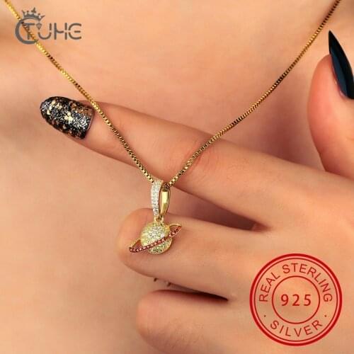 New 925 Sterling Silver Planet Pendant Necklace With Bling White Red Cubic Zircon For Women Fashion Trendy Jewelry Luxury Gifts