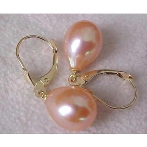 CHARMING 9X12MM NATURAL PINK PEARL DANGLE EARRING YELLOW HOOK