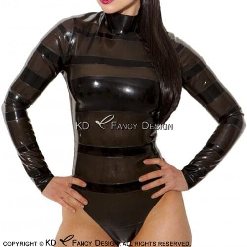 Black And Transparent Black Sexy Latex Swimsuit High Cut Leg With Neck Button Rubber Body Suit Catsuit Bodysuit Zentai LTY-0195